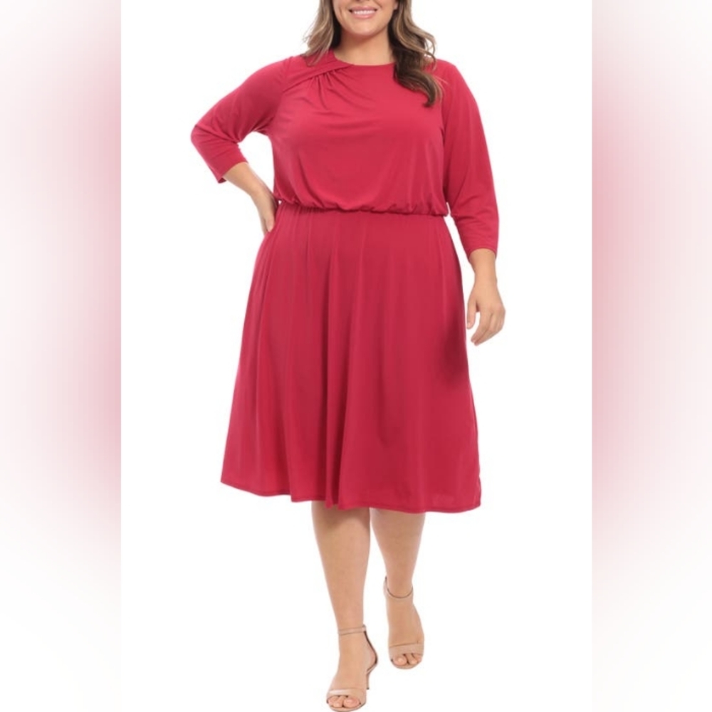 London Times | Jewel Tone Draped Neck Blouson 3/4 Sleeve Dress 14W